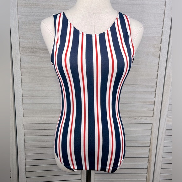 DIVIDED Striped Bodysuit Red White & Blue-Small - Picture 1 of 2